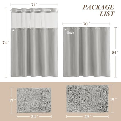 Barossa Design No Hook Shower Curtain Sets with Rugs Light Grey | 3PCS(Curtain with Liner+2 Rugs), Hotel Style Shower Curtain & Snap-in Liner, Non-Slip Bathroom Mat - color: Light Grey