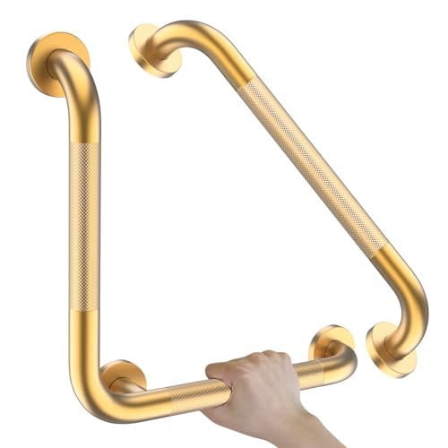 16x16 Inch Munzong Angled Gold Bathroom Grab Bars for Shower | Angled Grab Bar Anti Slip Stainless Steel Knurled Safety Handle Support Elderly Injury Senior - color: Gold