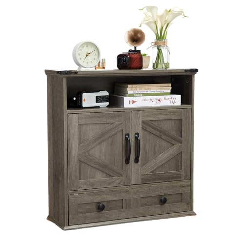 Bathroom Cabinet with Double Barn Doors – Wall Mounted Medicine Cabinet over Toilet with Adjustable Shelf & Drawer, 25" Wide Hangging Storage Cabinet for Bathroom, Kitchen, Laundry, Entryway Gray - color: Grey