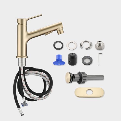 Bathroom Sink Faucet with Pull Out Sprayer, Single Handle Modern Bathroom Basin Faucet with Pop-up Sink Drain Stopper & Deck Plate 1 or 4-inch Centerset 3 Hole, Gold - color: Gold