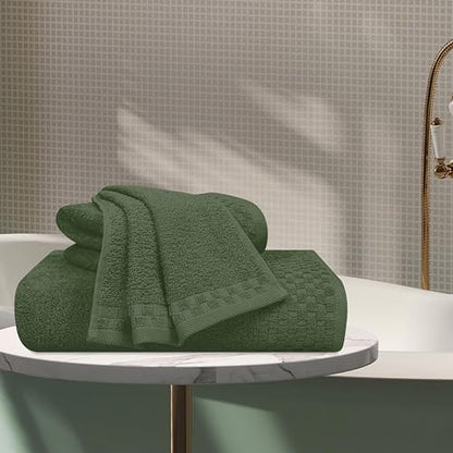 MyOwn Ultra Soft 3 Pack Cotton Towel Set, Contains a Bath Towels 28x55 inch, a Hand Towels 16x24 inch & a Wash Coths 12x12 inch, Ideal Everyday use, Compact & Lightweight - Olive Green - color: Olive Green, size: 3 Pack Set