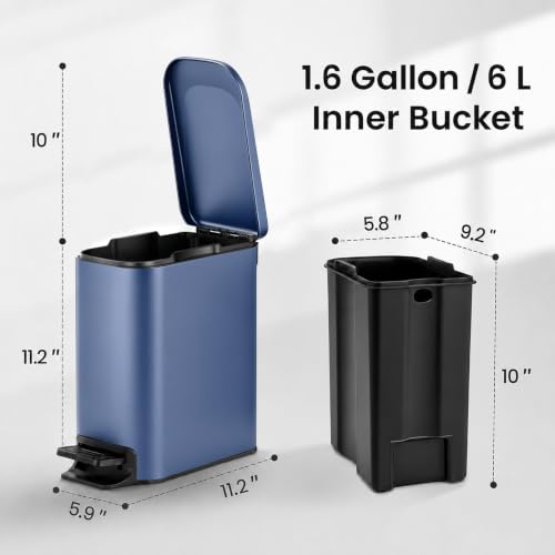 TIPGO Slim Bathroom Trash Can with Lid Soft Close, Step Pedal, 6 Liter / 1.6 Gallon Stainless Steel Trash Bin, Small Garbage Can for Bedroom, Office, Kitchen (Navy Blue) - color: Navy Blue