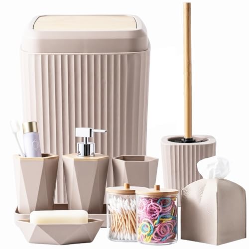 Beige Bathroom Accessories Set, 10 Pieces Bamboo Bathroom Set with Trash Can, Tray, Soap Dispenser, Soap Dish, Toothbrush Holder, Toothbrush Cup, Tissue Holder, Toilet Brush and Qtip Holders