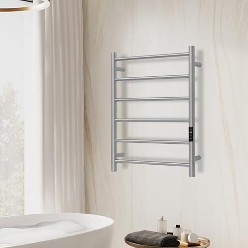 Electric Towel Rack with Voice Control for Alexa & Google Home,TUYA-Wall-Mounted Bathroom Heating Towel Warmer,Plug-in,26.77x20.47x4.39in,Stainless Steel Material,Brushed，6 Bars - color: Brushed With Wifi, size: 6 Bar