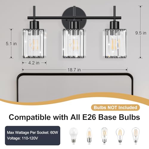 Black Bathroom Light Fixtures, Square, 3-Light | Vanity Lights with Crystal Shades, Modern Bathroom Lighting Fixtures over Mirror (Bulbs Not Included, E26) - color: Black (Square), size: 3-Light