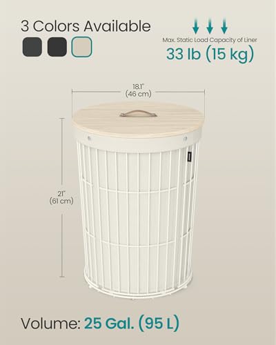 SONGMICS Laundry Hamper with Lid, Round, 25 Gallons (95 L) | Laundry Basket, Versatile, Large Capacity, Removable Fabric Liner, Cream, STOUT Collection ULCB160W01
