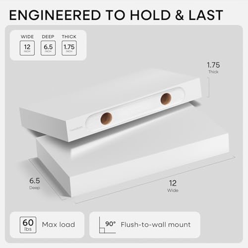 White Floating Shelf 12 inch, High End Solid Real Wood Small 12inch Floating Shelves for Wall Mounted, White Wooden 12 in Floating Shelves, Heavy Duty Bracket, 12 X 6.5 X 1.75 inch, Set of 2 - color: Classic White - Soft Neutral Satin, size: 12 inch