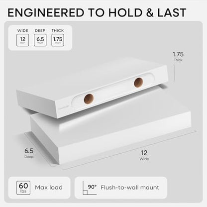 White Floating Shelf 12 inch, High End Solid Real Wood Small 12inch Floating Shelves for Wall Mounted, White Wooden 12 in Floating Shelves, Heavy Duty Bracket, 12 X 6.5 X 1.75 inch, Set of 2 - color: Classic White - Soft Neutral Satin, size: 12 inch