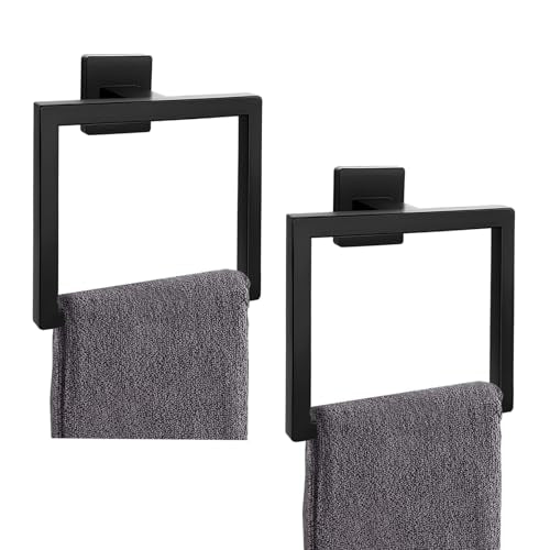 2-Piece Matte Black Square Towel Ring,Modern Hand Towel Holder for Bathroom,Stainless Steel Towel Hangers Wall-Mounted Bathroom Accessories - color: Matte Black, size: 2 Pcs
