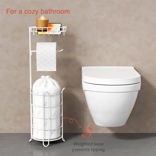 Goozii White Toilet Paper Holder Stand with Shelf, Free Standing Bathroom Tissue Holder for Large Mega Rolls, Metal Floor Toilet Paper Roll Holder with Wipes Storage and Phone Tray (White) - color: White
