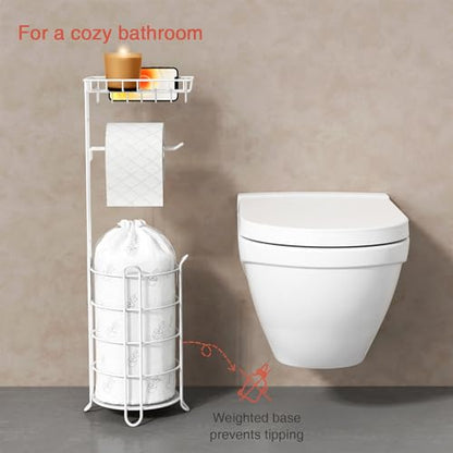 Goozii White Toilet Paper Holder Stand with Shelf, Free Standing Bathroom Tissue Holder for Large Mega Rolls, Metal Floor Toilet Paper Roll Holder with Wipes Storage and Phone Tray (White) - color: White