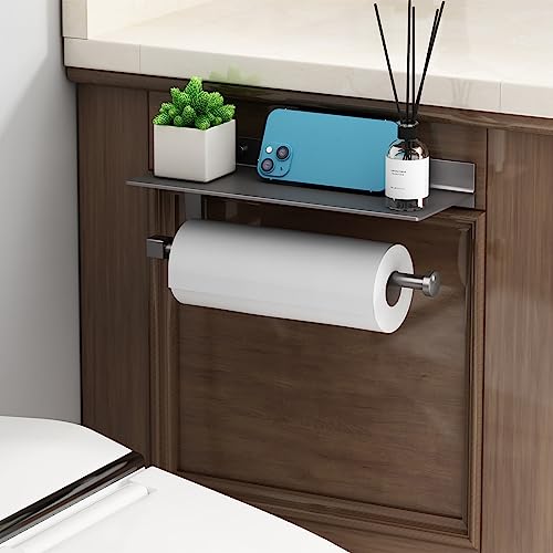 Kitchen Paper Towel Holder with Shelf Wall Mount, Adhesive Hand Towel Holder for Bathroom, Matte Grey - color: Gray