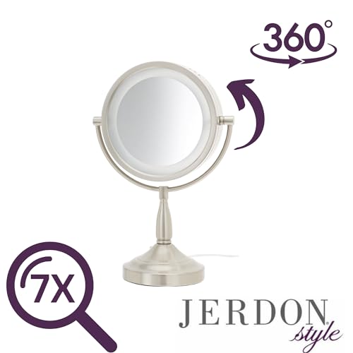 JERDON Lighted Makeup Mirror with 7X Magnification - Nickel - LT856N | Two-Sided 1X View, 8.5" Round Frame, Halo Lighting, 16" Tall