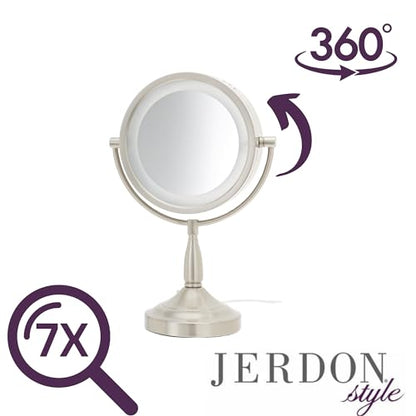 JERDON Lighted Makeup Mirror with 7X Magnification - Nickel - LT856N | Two-Sided 1X View, 8.5" Round Frame, Halo Lighting, 16" Tall