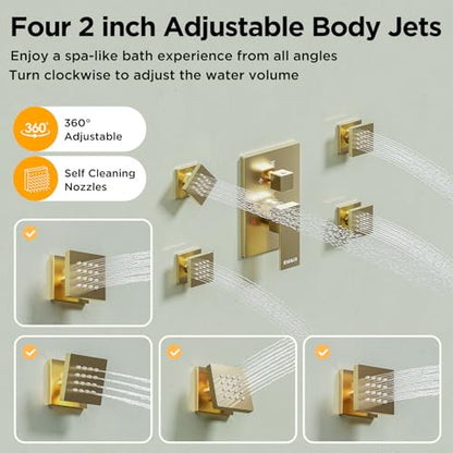 Shower System with 4 Body Spray Jets, STARBATH 4 Way 12 + 6"Rainfall Shower Head with Handheld Combo, Ceiling Mounted Shower Jets System in Wall Shower Faucet Set, Brushed Gold - color: Gold, size: 6"+12"-03