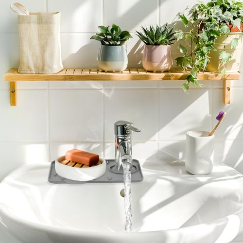 2Pcs Silicone Sink Faucet Splash Guard Mat, Soap Dish Pad Faucet Handle Drip Catch Sponge Holder Sink Protector Tray with Outlet & Slope for Bathroom Kitchen Countertop RV Gadget 8.3 x 5.3 Inch