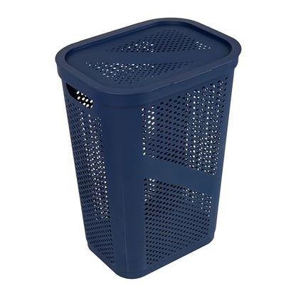 Mind Reader Slim Laundry Hamper with Lid, 60L Clothes Basket, Ventilated Plastic, Navy - color: Navy, size: Single