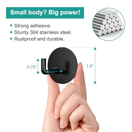 BARONAGE Adhesive Hooks 4 Pack, Black | Stainless Steel Sticky Shower Hooks, Waterproof, Rustproof, Heavy Duty Towel Hook, Easy Install, Traceless Hook For Bathroom