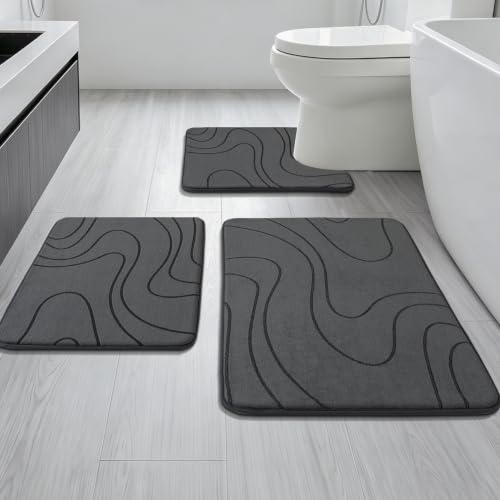 Bathroom Rugs Sets 3 Piece - Thick Memory Foam Bath Mat, Dark Grey | Ultra Soft, Extra Thick, Super Absorbent, Non Slip, Machine Washable, For Bathroom Floor & Tub, 3 Pieces - color: Dark Grey, size: 1'8" x 2'8" (3 Pieces)