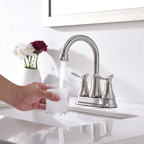 KINGO HOME Modern Brushed Nickel 2-Handle Bathroom Faucet, 4 inch Centerset RV Bathroom Sink Faucet Lavatory Bath Sink Vanity Faucet with Water Supply Lines and Pop Up Drain - color: Brushed Nickel