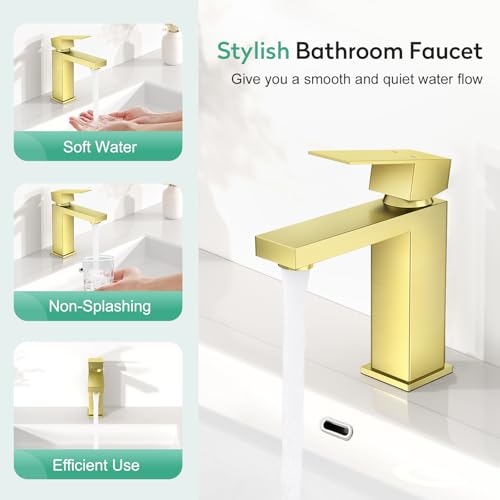 Faustina Light Gold Bathroom Faucet, Single Handle Stainless Steel Bathroom Vanity Faucet with Metal Pop-Up Drain & Deck Plate for 1 or 3 Hole - color: Gold, style: Classic