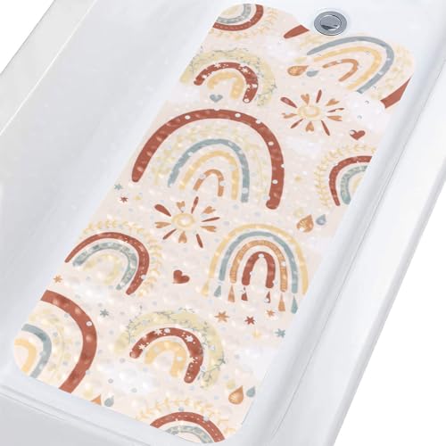 Topotdor Baby Bathtub Mat Non Slip for Kids, 40 X 16 Inch Cute Cartoon Bath Tub Shower Mat Anti Slip with Suction Cups & Drain Holes, Boho Rainbow - color: Boho Rainbow