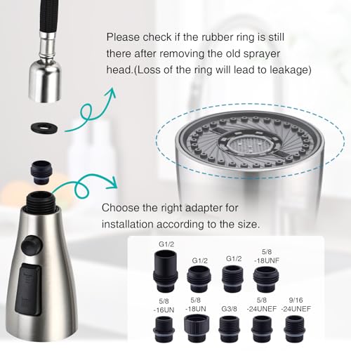 Metal Kitchen Faucet Head Replacement, 3-Function Pull Down Spray Head for Kitchen Faucet, High Pressure Sink Spray Nozzle with 9 Adapters Compatible with American Standard, Brushed Nickel - color: Brushed Nickel