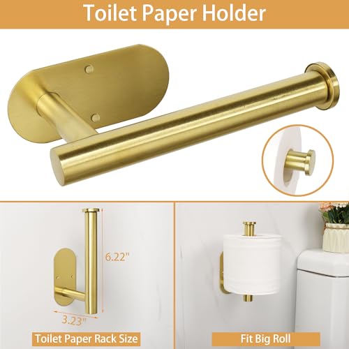 TocTen 5 Pieces Wall Mounted or Self Adhesive Towel Bar Set, Stainless Steel Bathroom Hardware Set Include 16″ Towel Rack, Toilet Paper Holder, 3 Towel Hook, Sticky Bathroom Accessory Kit (Gold) - color: Brushed Gold