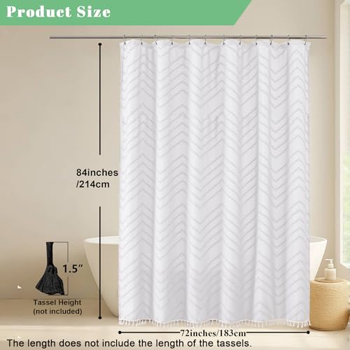Extra Long White Boho Shower Curtain, Chic Tufted Chevron Striped Textured Fabric Cloth Shower Curtains with Tassel for Bathroom, Soft Hotel Style Farmhouse, Machine Washable, 72x84 - color: White, size: 72"W x 84"L (Pack of 1)