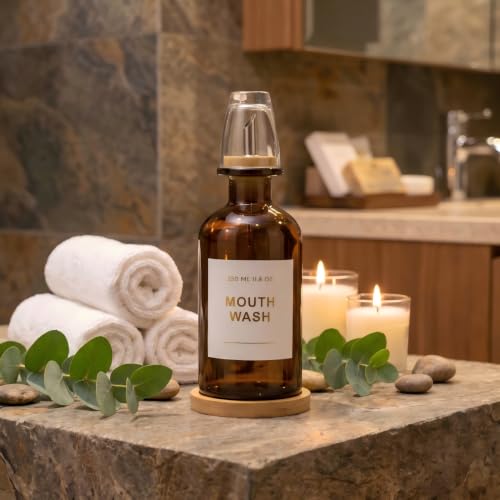 11.8OZ Glass Mouthwash Dispenser for Bathroom, Amber | Stainless Steel & Bamboo Nozzle, Reusable Mouthwash Cup, Bamboo Tray, Elegant Gold Sticker - color: Amber/350*1