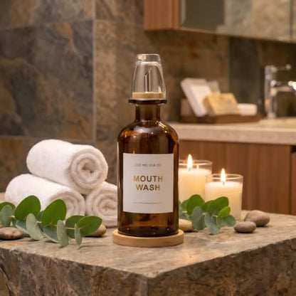 11.8OZ Glass Mouthwash Dispenser for Bathroom, Amber | Stainless Steel & Bamboo Nozzle, Reusable Mouthwash Cup, Bamboo Tray, Elegant Gold Sticker - color: Amber/350*1
