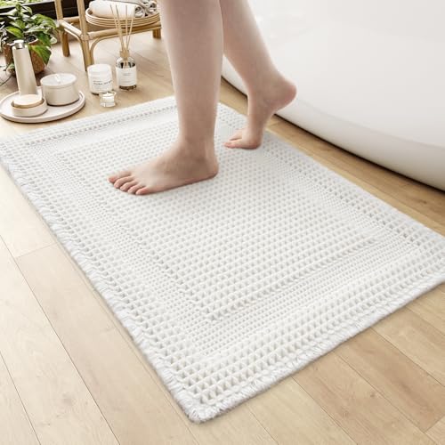 AMOAMI Waffle Bath-Mat, Absorbent Bath Mats for Bathroom Non Slip, Machine Washable Bathroom Rugs with Tassels Ultra Soft Boho Bath Rugs for Floor 17"x24" White - color: White, size: 17"x24"