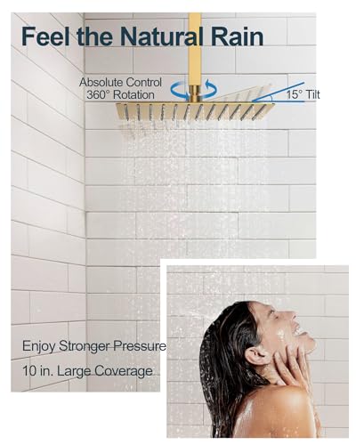 Brushed Gold 3-Function Shower System with 10" Rainfall & 6" Secondary Shower Head, Handheld Combo Set, Wall Mounted cUPC Certified Pressure Balance Valve - color: brushed gold