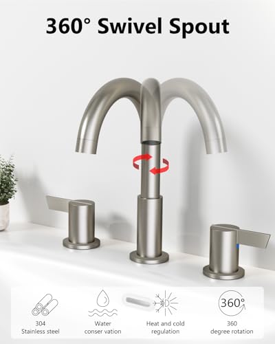 Brushed Nickel Bathroom Faucet 3 Hole, 8 Inch Widespread 2-Handle | SUS304 Stainless Steel, 2-Handle Control, Pop-Up Drain, Supply Lines and Mounting Hardware for 8-Inch Widespread Vanity Sinks - color: Brushed Nickel