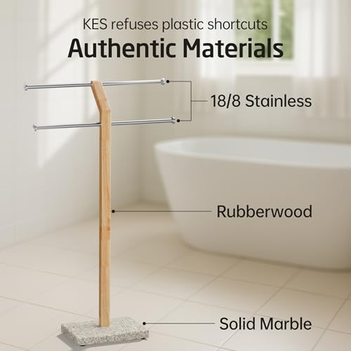 KES Wood Standing Towel Rack with Weighted Gold Granite Base, Brushed Steel | 3 Tier Width Adjustable Free Standing Towel Rack Stand for Bathroom, 18/8 Stainless Steel for Premium Rust Resistance - color: Golden Granite