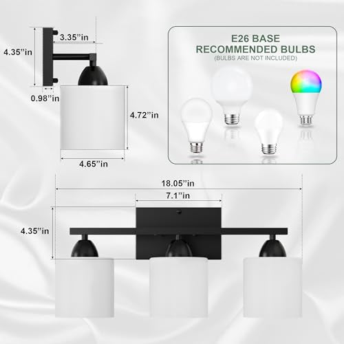 Black Bathroom Lights Over Mirror, Anti-rust Vanity Light Fixture for Bathroom, Modern 3-Light Wall Sconce Light for Living Room, Standard E26 Base, Milky White Glass Shades, Bulbs Not Included - color: Black-3Light