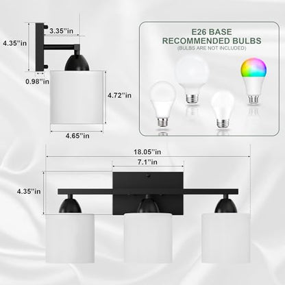 Black Bathroom Lights Over Mirror, Anti-rust Vanity Light Fixture for Bathroom, Modern 3-Light Wall Sconce Light for Living Room, Standard E26 Base, Milky White Glass Shades, Bulbs Not Included - color: Black-3Light