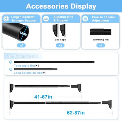 41 to 86 Inch Black Tension Curtain Rod | No Drill, Extra Long, Heavy Duty, Renter Friendly Adjustable - color: Black, size: 41-86inch