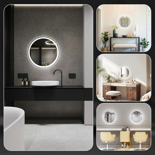 Sweetcrispy 24 Inch Round LED Bathroom Mirror with Lights, Circle Vanity Mirror with Anti-Fog, Dimmable, 3-Color Light, Memory Function, Tempered Glass