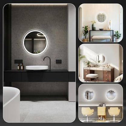 Sweetcrispy 24 Inch Round LED Bathroom Mirror with Lights, Circle Vanity Mirror with Anti-Fog, Dimmable, 3-Color Light, Memory Function, Tempered Glass