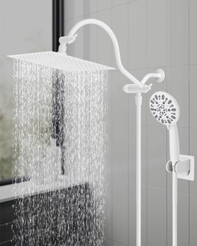 Hibbent All Metal High Pressure Rainfall 10'' Shower Head, Handheld Showerhead Combo, 12'' Adjustable Shower Extension Arm, 7-Spray, 71'' Hose, Adhesive Showerhead Holder, White - color: White, style: Square 10''