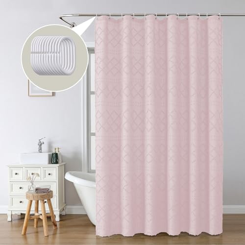 Blush Pink Boho Shower Curtain 72x84 Inches, Modern Plaid Stripes Cloth Shower Curtain for Bathroom, Chic Tufted Textured Jacquard Farmhouse Fabric Shower Curtain - color: Blush Pink, size: 72"W x 84"L (Pack of 1)