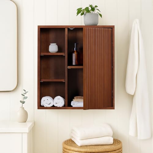 Teamson Home 22″ Wide Bathroom Wall Cabinet with Open Compartments & 1 Door with Fixed Interior Shelf, Wall Mounted Medicine Cabinet with Wooden Bracket for Mounting, Natural Fluted Finish in Walnut | Open Compartments, 1 Door with Fixed Interior Shelf, W