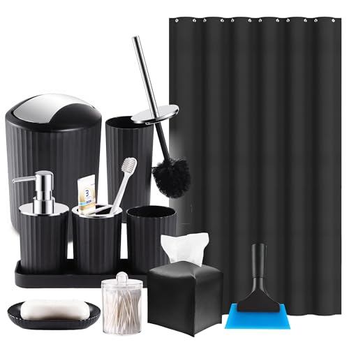 Bathroom Accessories Set with Shower Curtain Tissue Box Squeegee | with Tissue Box, Squeegee, Trash Can, Toilet Brush Set, Soap Dispenser Toothbrush Holder Set, Tray, Q-tip Holder - size: Bath Set Tissue Box Squeegee