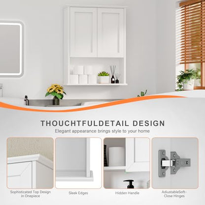 Batheoom Wall Cabinet, Bathroom Storage Cabinet Over Toilet, Medicine Cabinet with 2 Door and Adjustable Shelves, Wall Mount Bathroom Cabinet for Bathroom, Kitchen(White)