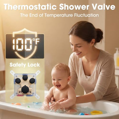 TRUSTMI 10" Shower System with Thermostatic Valve, Rainfall, Matte Black | Solid brass system with push-button diverter for waterfall and handheld spray. Anti-scald safety lock protects the family - color: Matte Black