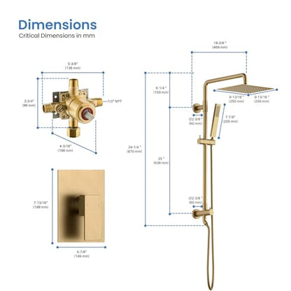 KIBI Cube 2-Function Wall Mounted Rain Shower Column | Bathroom Shower Faucet System with Solid Brass Rough-In Valve, 10" Rain Shower Head | Easy Temperature Control (Brushed Brass, KSC404) - color: Brushed Brass