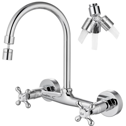 Airuida Chrome Polish Wall Mounted Kitchen Faucet,Utility Sink Faucet | 8 Inch Adjustable Center,360° Swivel Spout,Wall Mount Commercial Faucet,Double Cross Handle - color: Chrome Polish