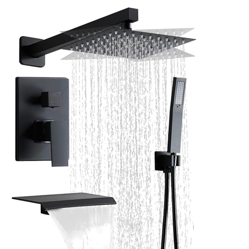 Matte Black Shower Faucet Set with Tub Spout 10 Inch | 2 Hooks, Tub and Shower Faucet Combo, Rain Shower and Handheld Shower System Square Wall Mount for Bathroom - color: Matte Black, style: 10 Inch