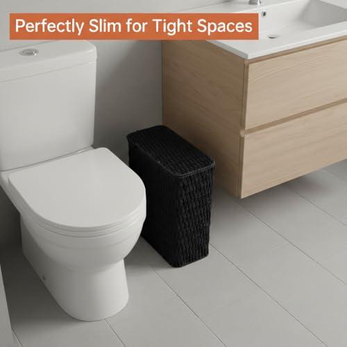 Coeusy 3 Gallon Paper Rope Bathroom Trash Can,Small Wicker Trash Cans with Lid and Liner,Woven Rattan Narrow Waste Basket for Bedroom,Office,Black - color: Black